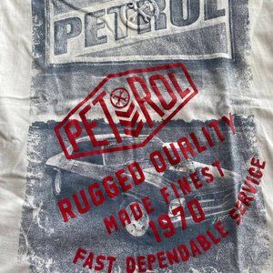 PETROL T shirt.  White T shirt with embossed printing